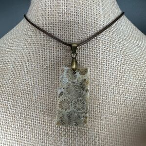 Rectangle Coral Fossil Pendant on Brown Rope Cord